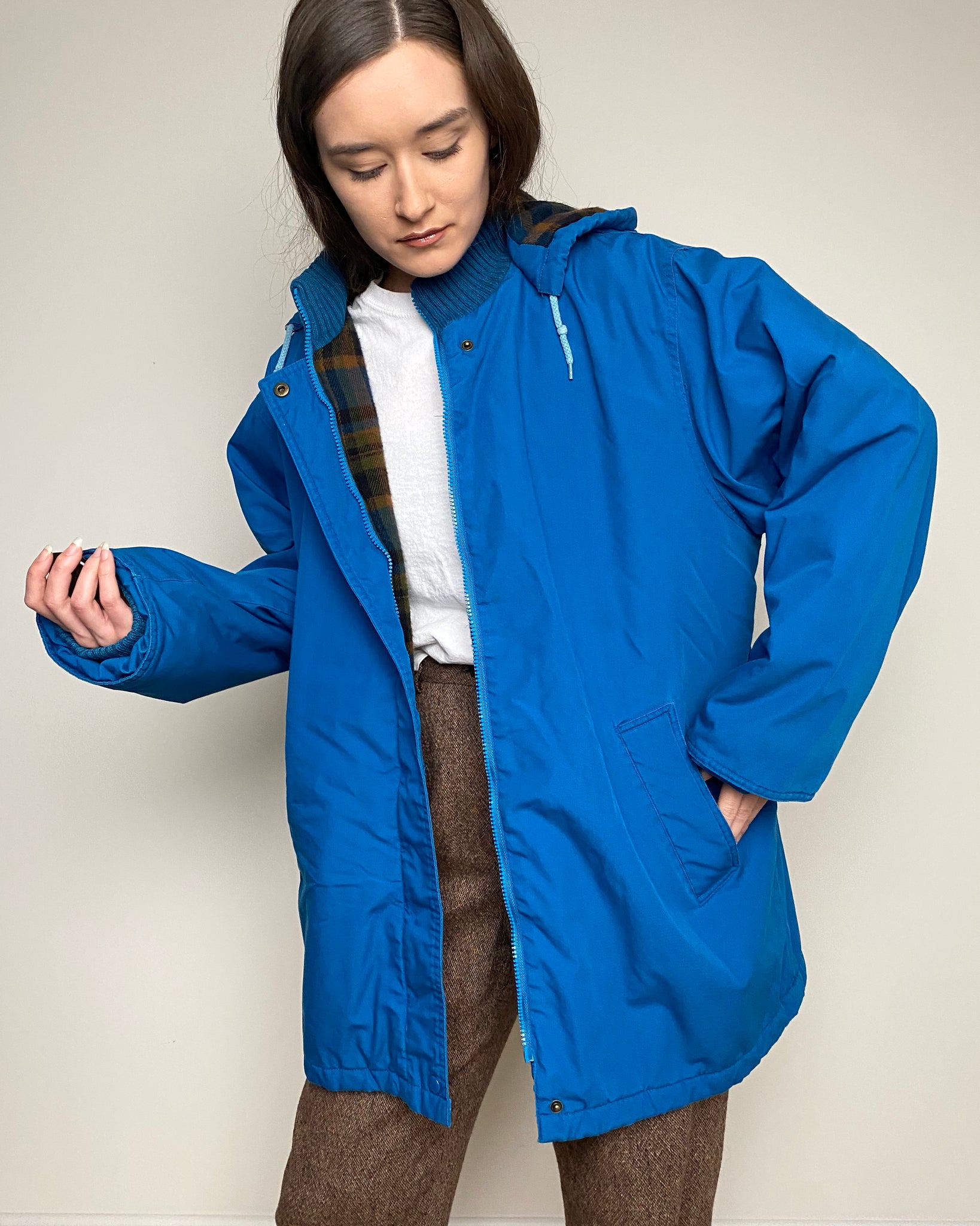Plaid lined Hood Jacket (size M)