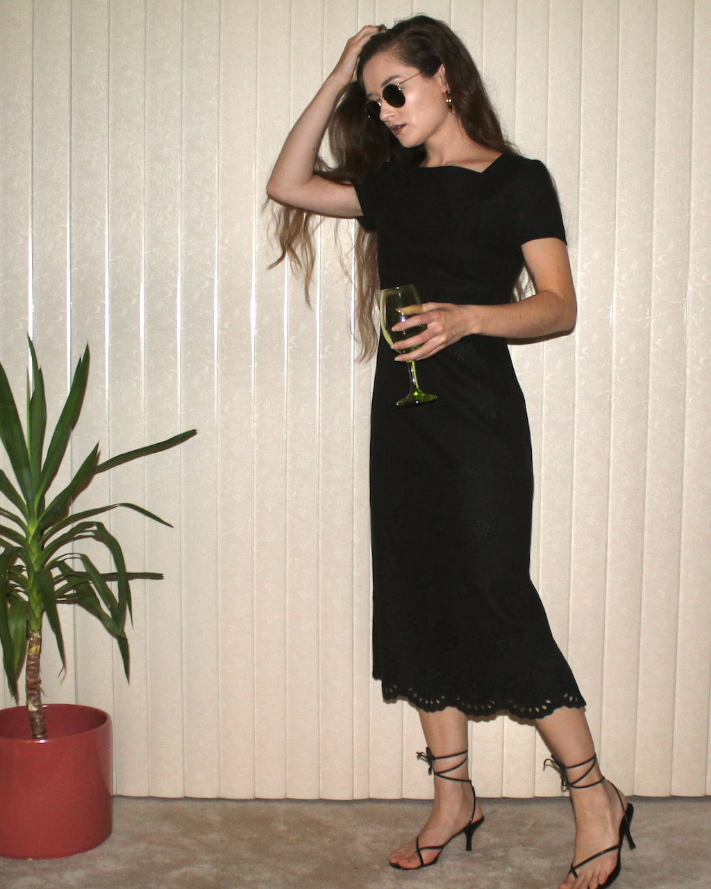90s Black Linen Eyelet Midi Dress (fits S)