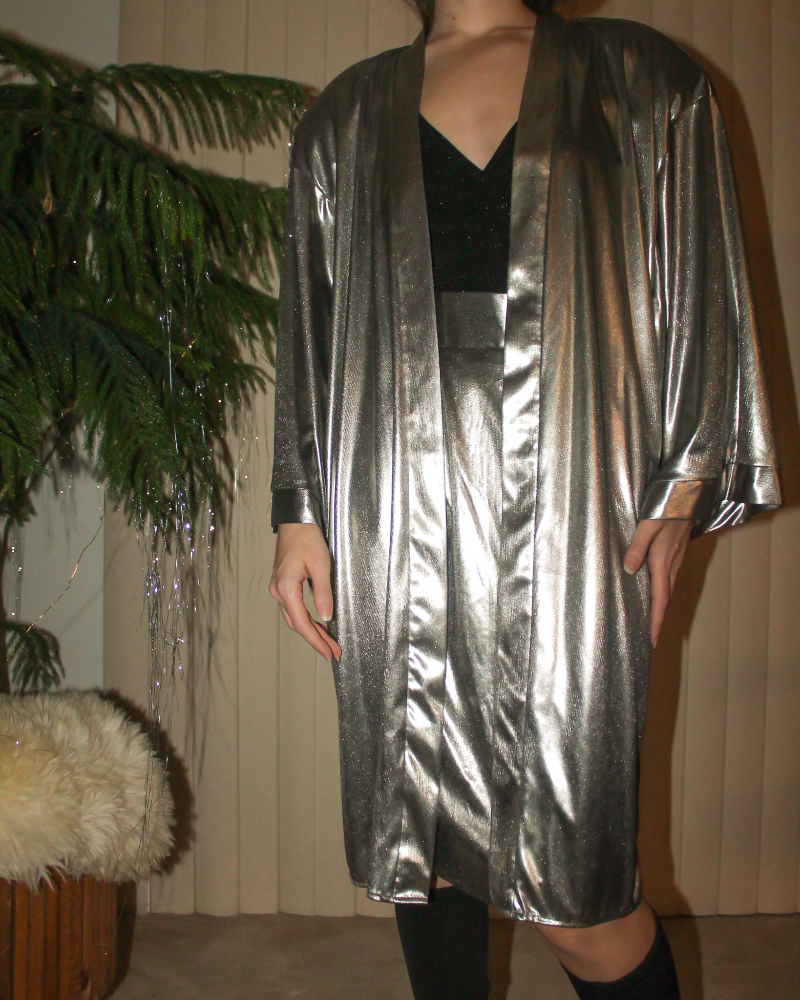 80s Silver Metallic Skirt Set (Fits M)