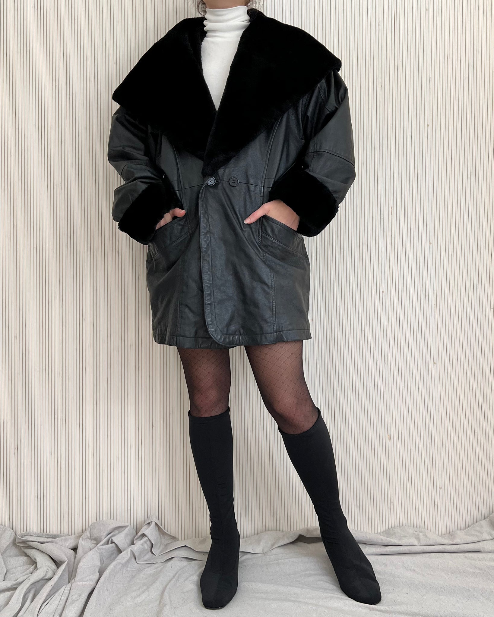 80s Leather Jacket w/ Fur Hood (Size S)