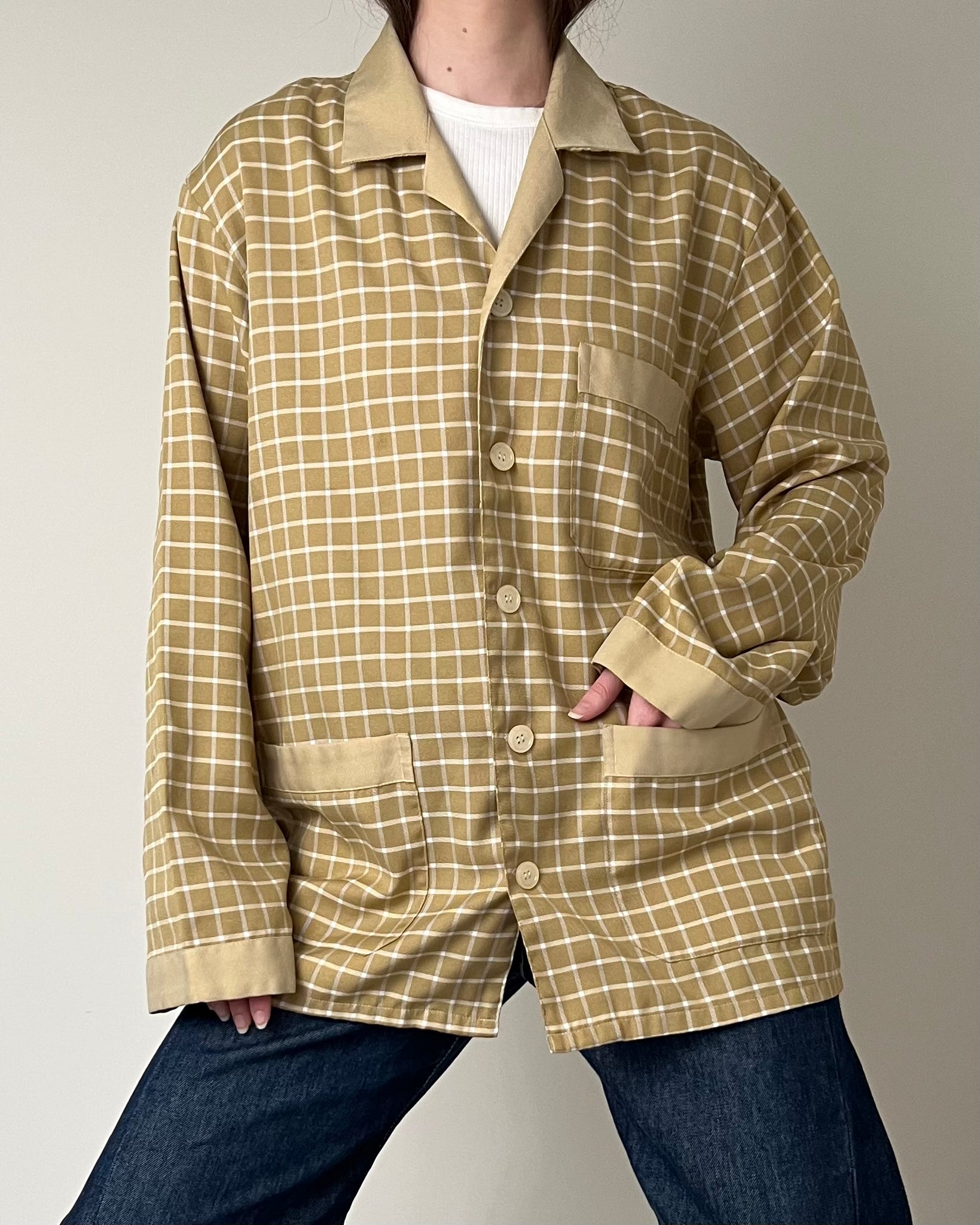 90s Tan Grid Shirt Jacket (Mens L)