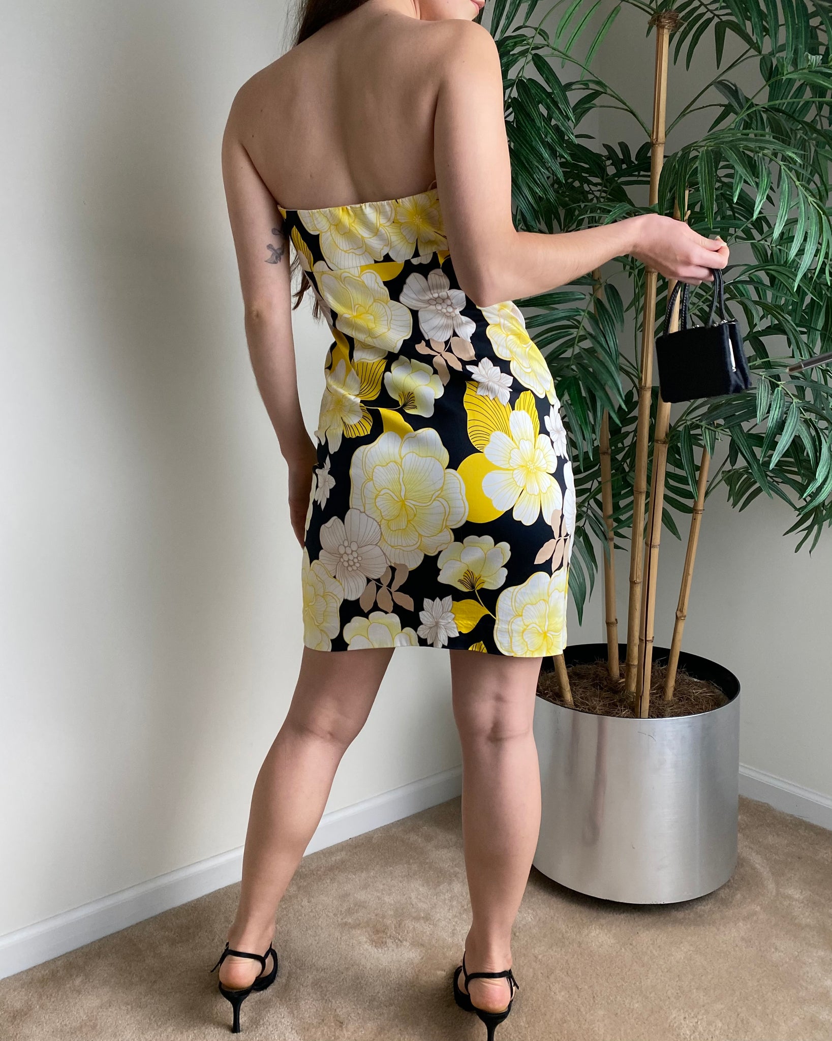 Y2k Caché Yellow Floral Strapless Dress (size 4)