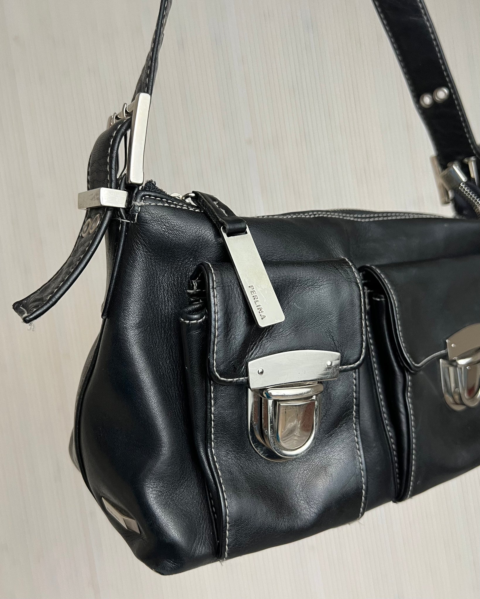 Perlina Black Leather Cargo Bag