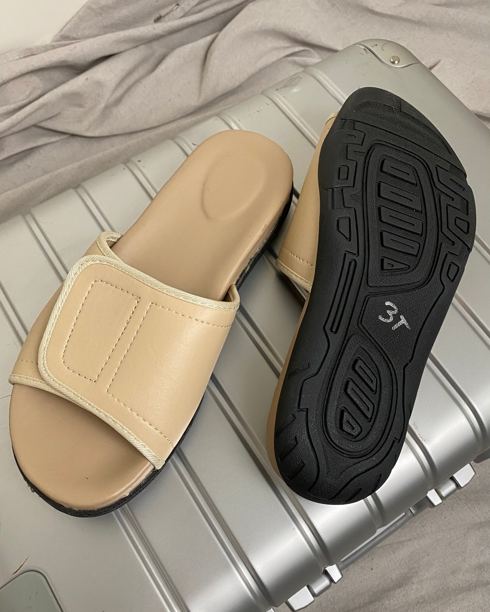 Sleek Neutral Tan Velcro Slides (size 9)
