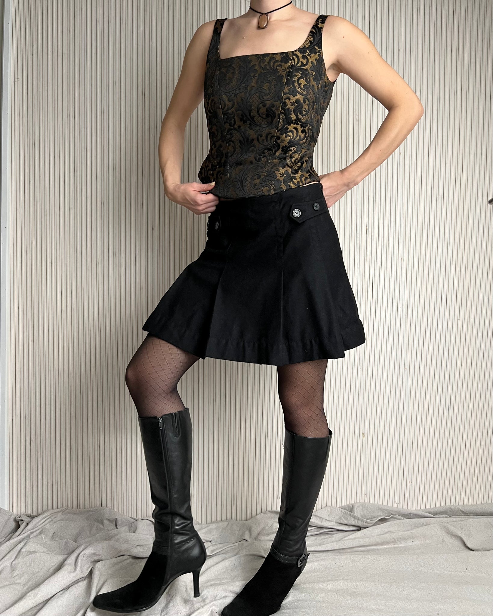 Pleated Black Wool Skirt (Size 2)