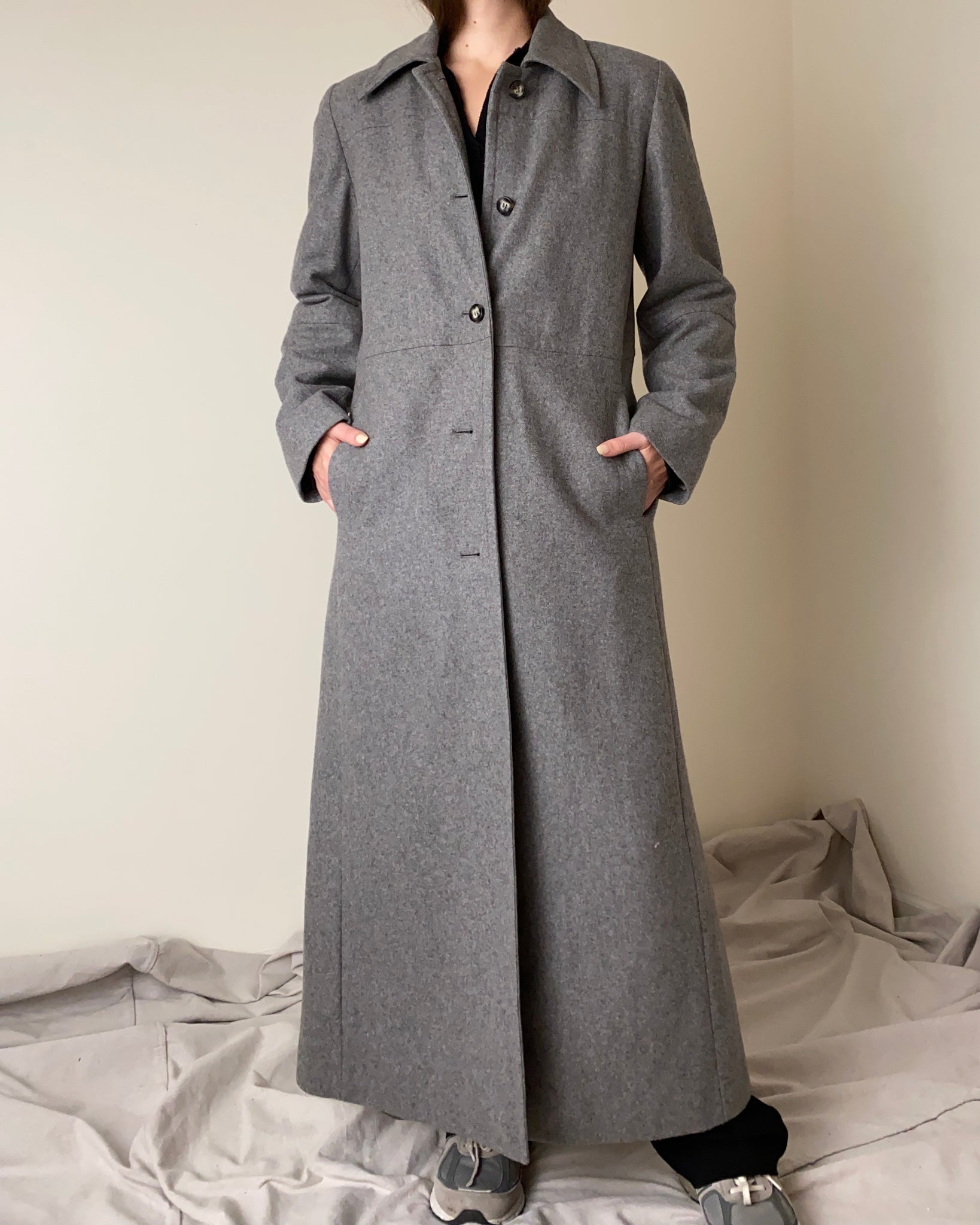 90s Harvé Bernard Long Grey Wool Coat (Size 4)