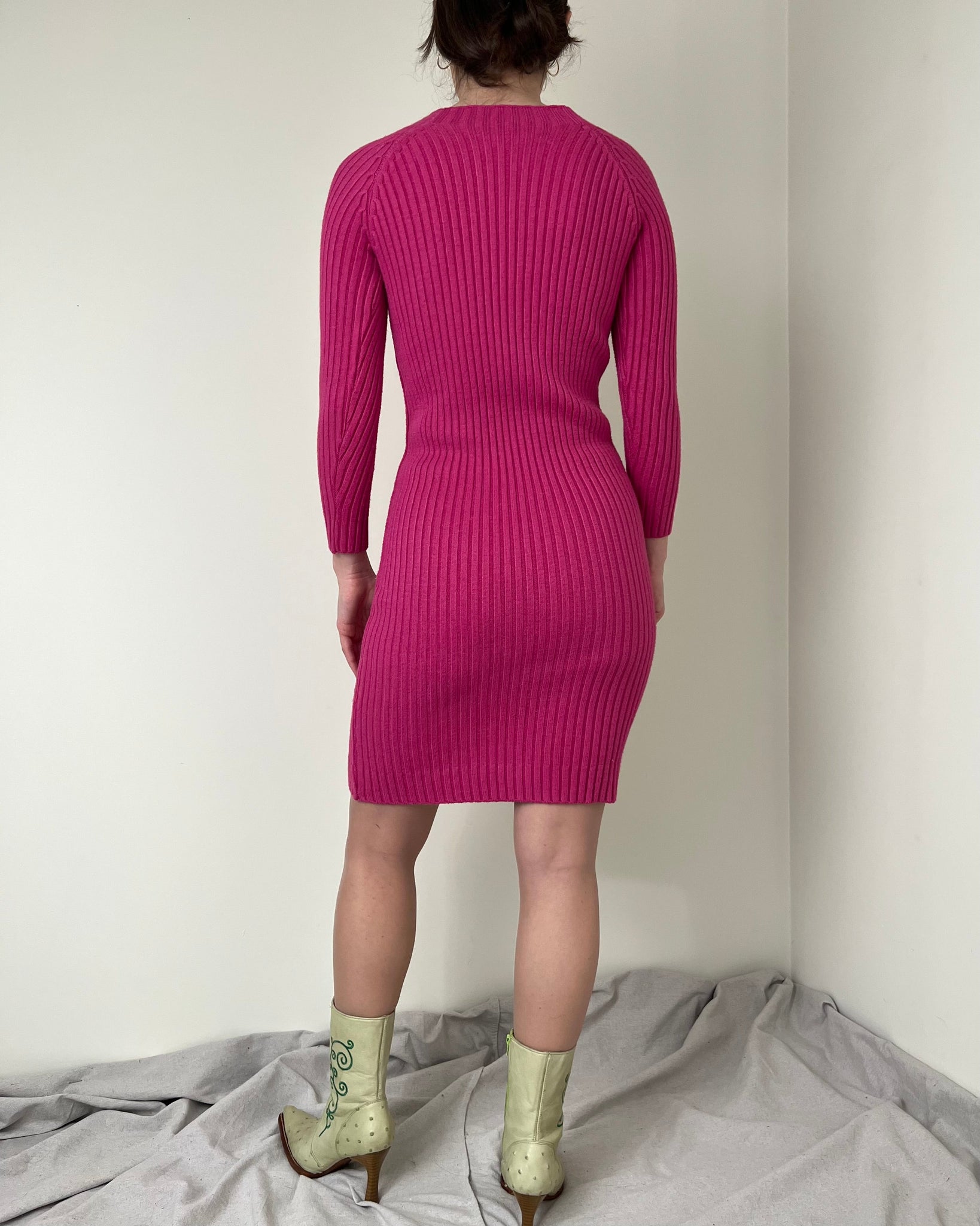 Hot Pink Rib Knit Sweater Dress (Fits XS/S)