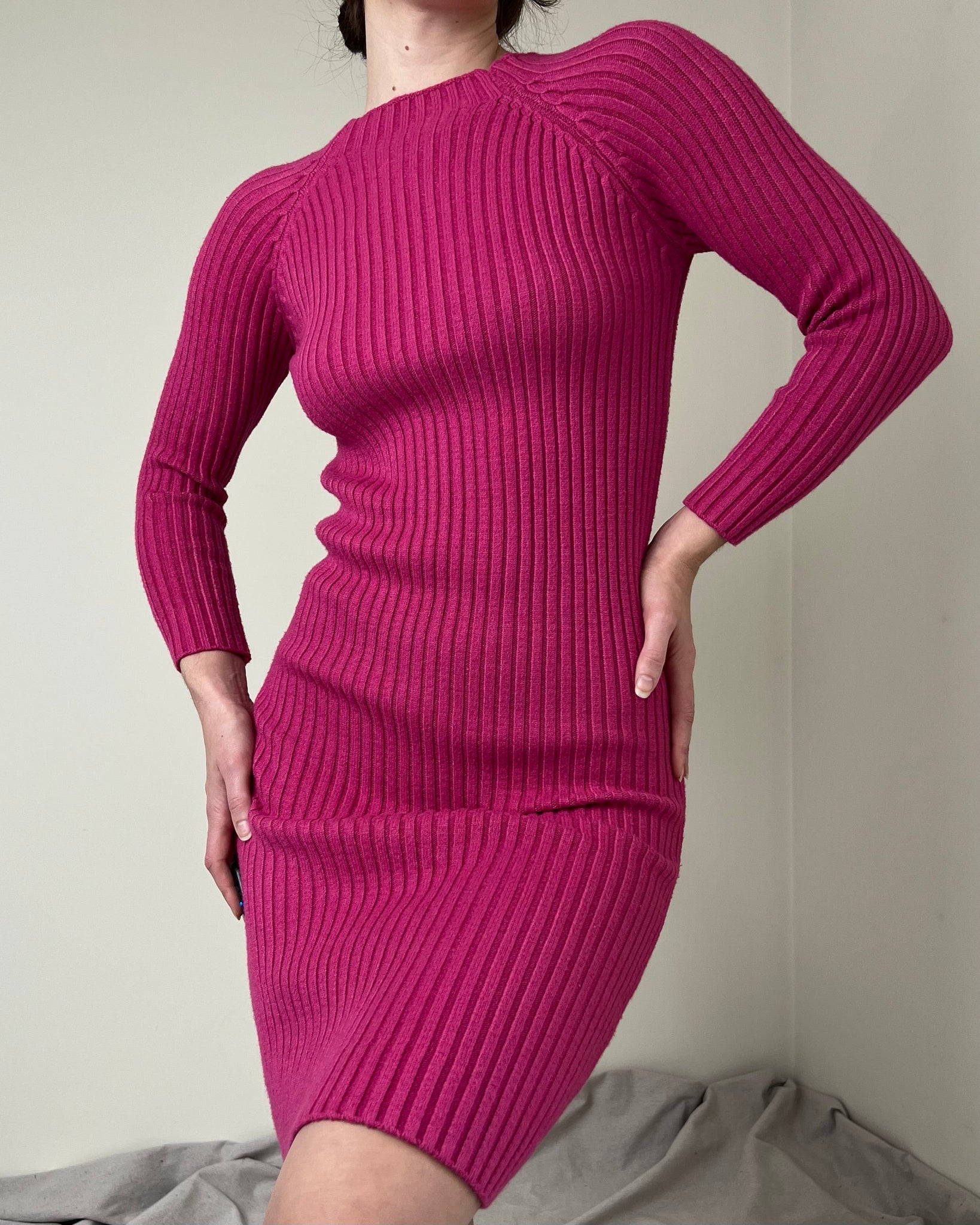 Hot Pink Rib Knit Sweater Dress (Fits XS/S)