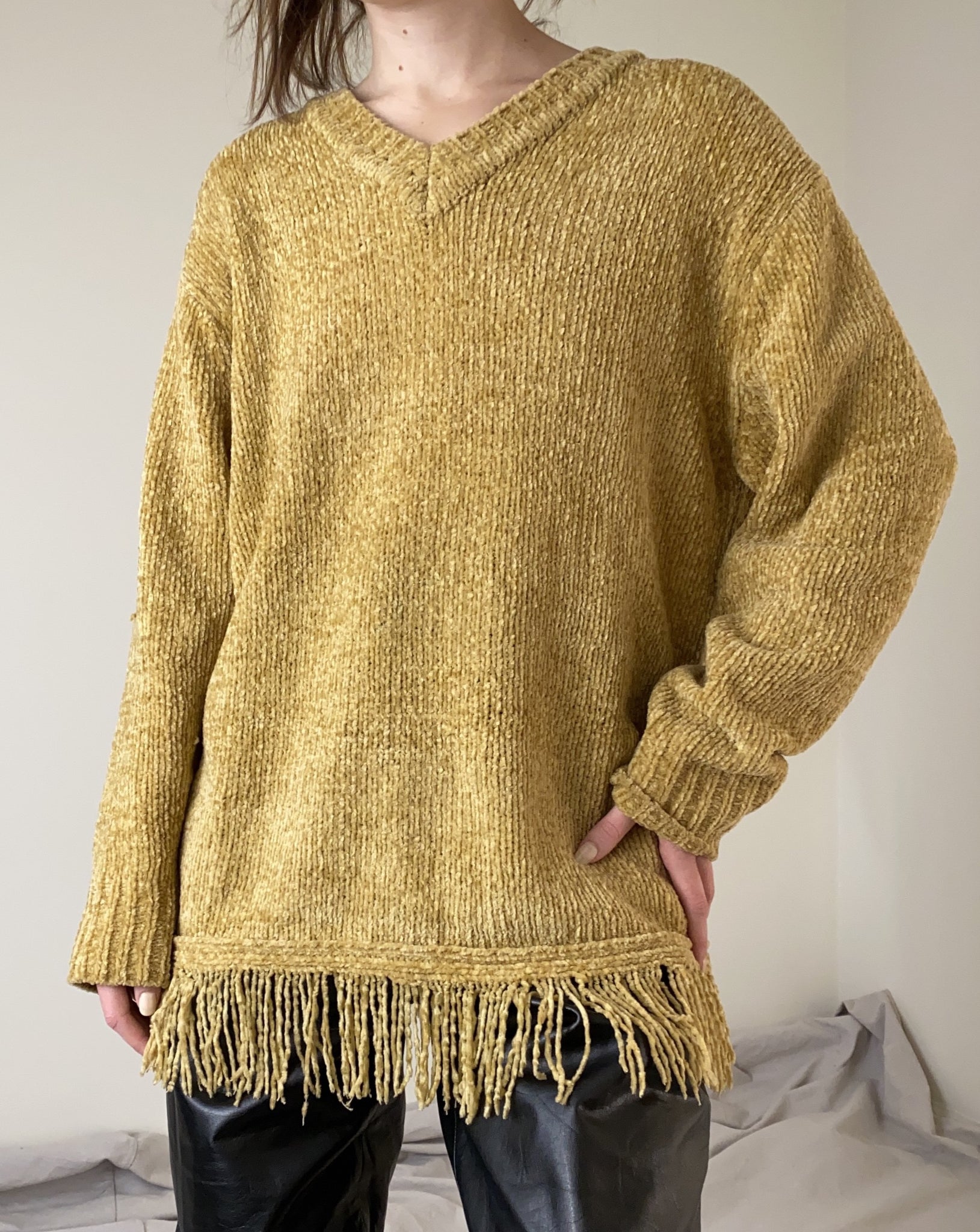 90s Gold Knit Fringe Sweater (Size L)