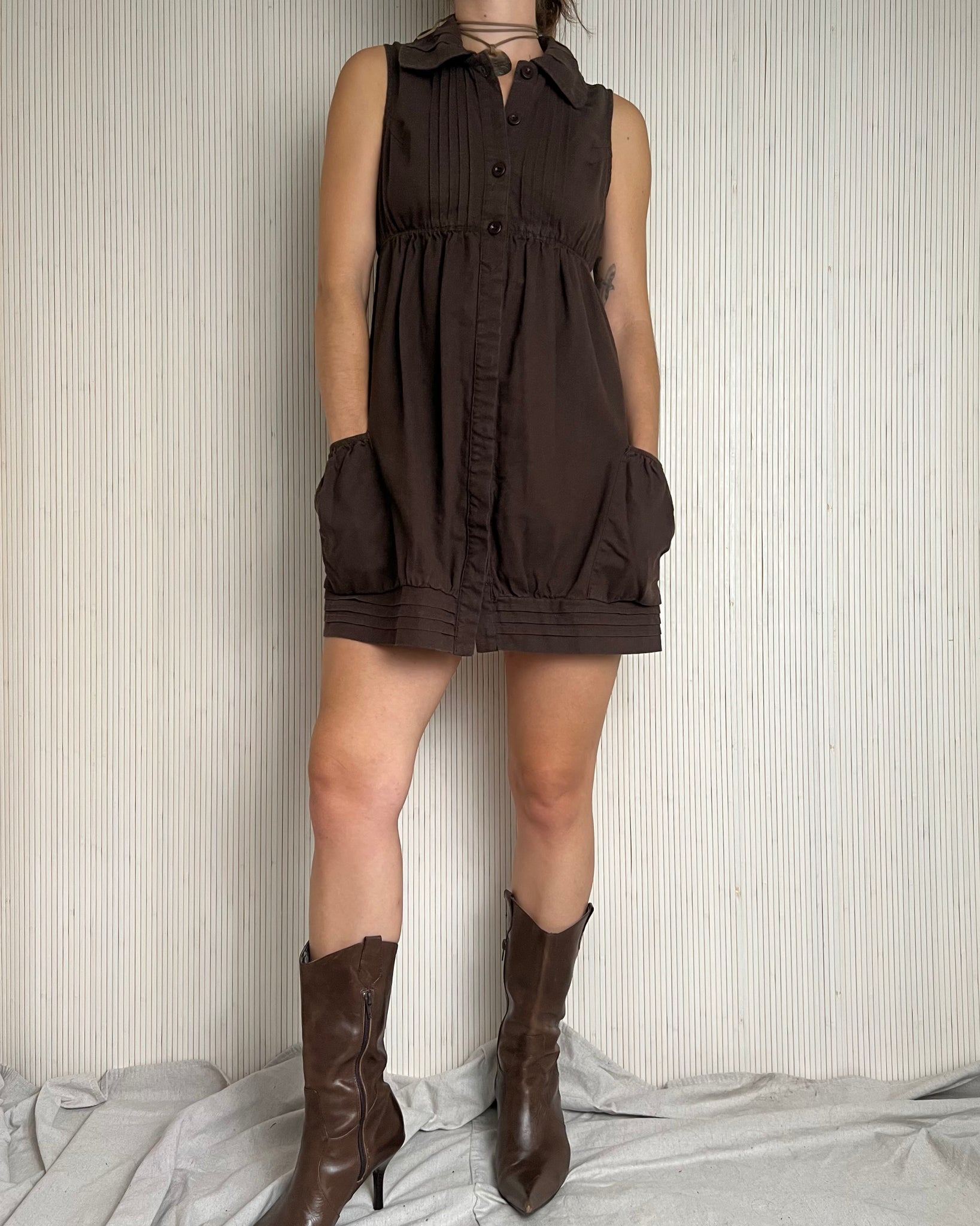 Y2k Brown Linen Mini Dress (Fits XS/S)