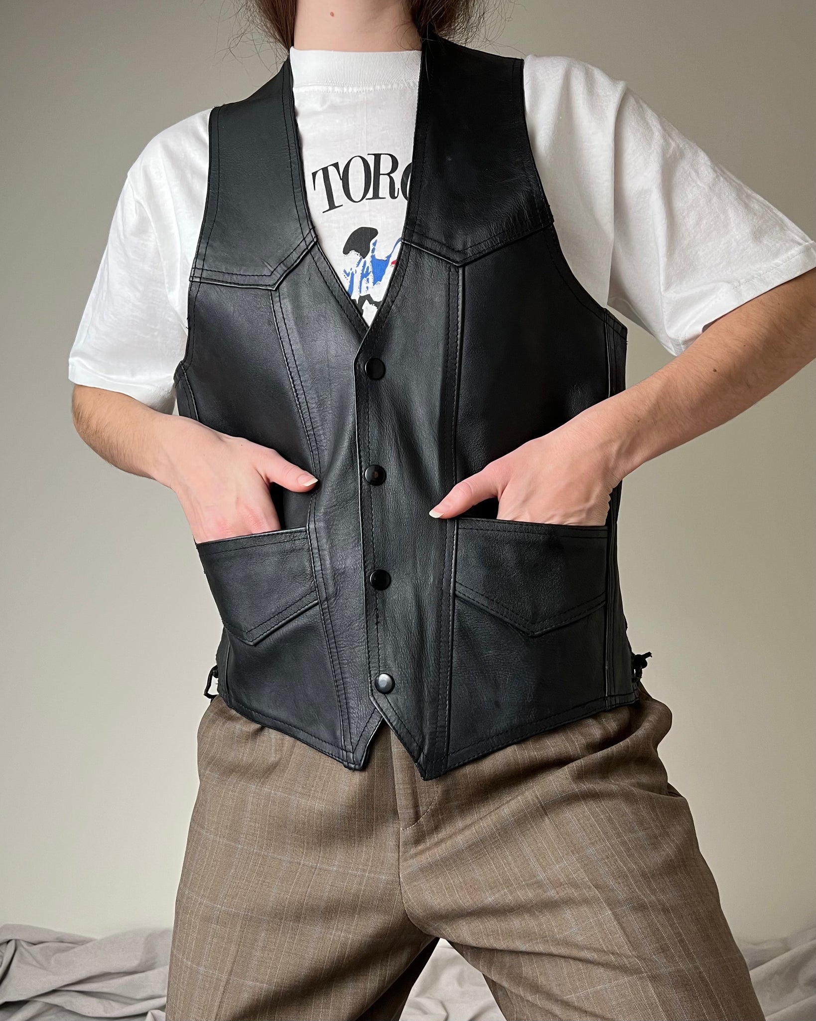 Black Leather Vest with Laced-up Sides (Mens S)