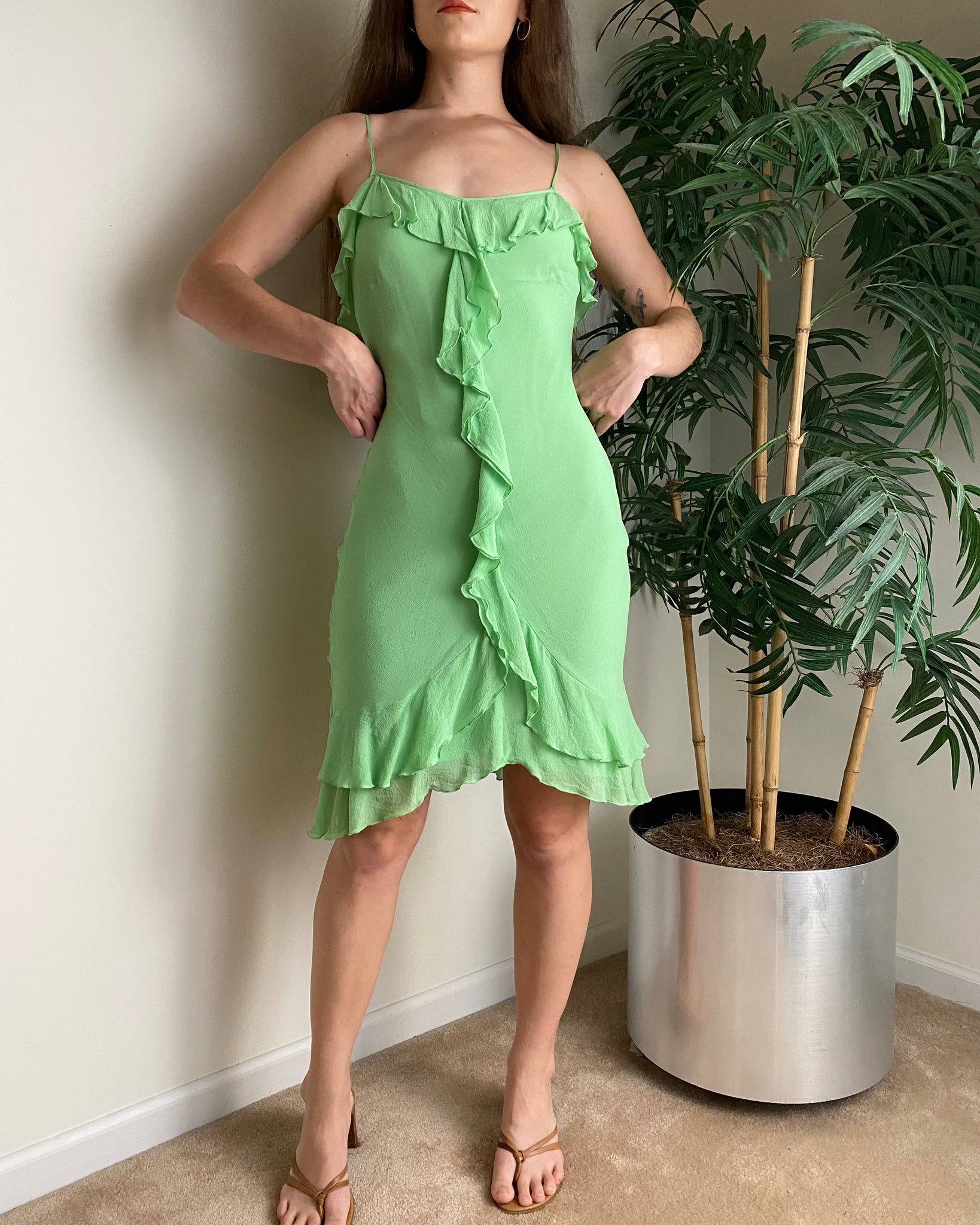 Y2k Express Silk Mint Green Ruffled Dress (size 6)