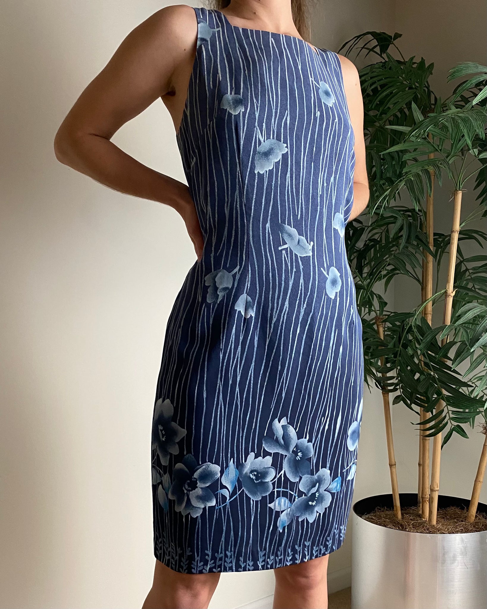 Silk Blue Floral Dress (Fits M)