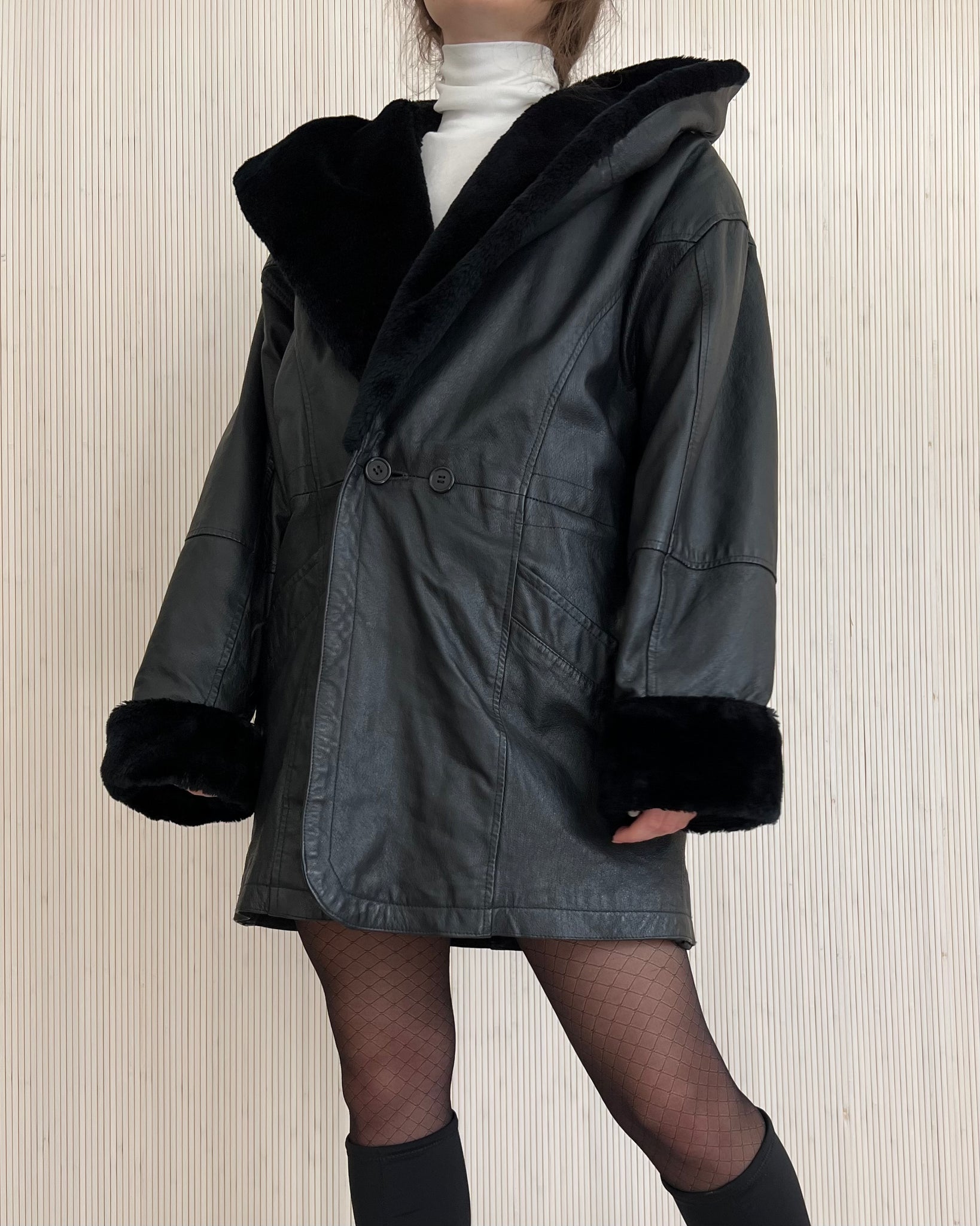 80s Leather Jacket w/ Fur Hood (Size S)