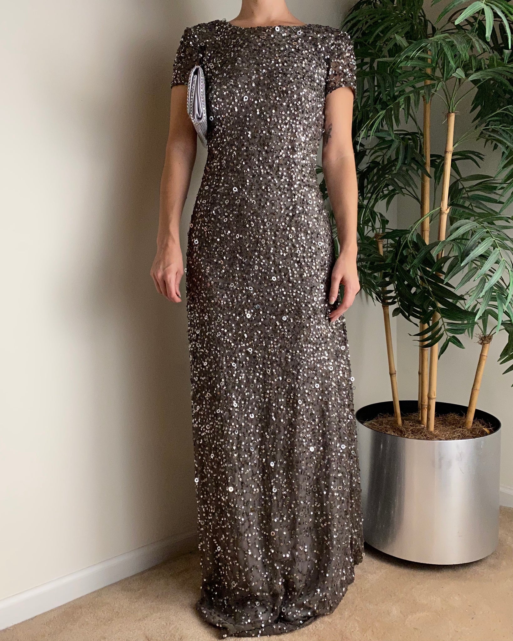 Adrianna Papell Silver Sequin Evening Gown (Size 4)