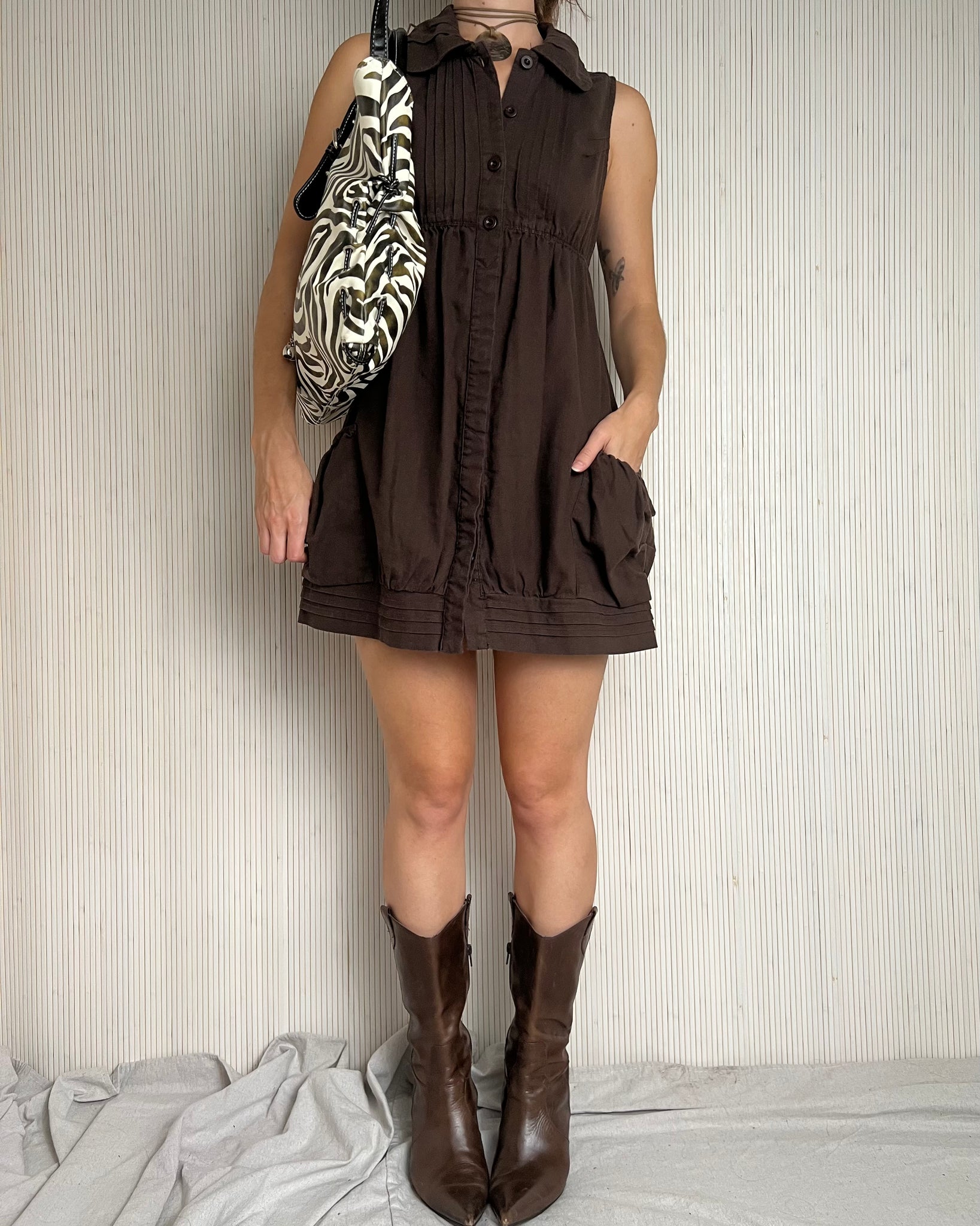 Y2k Brown Linen Mini Dress (Fits XS/S)