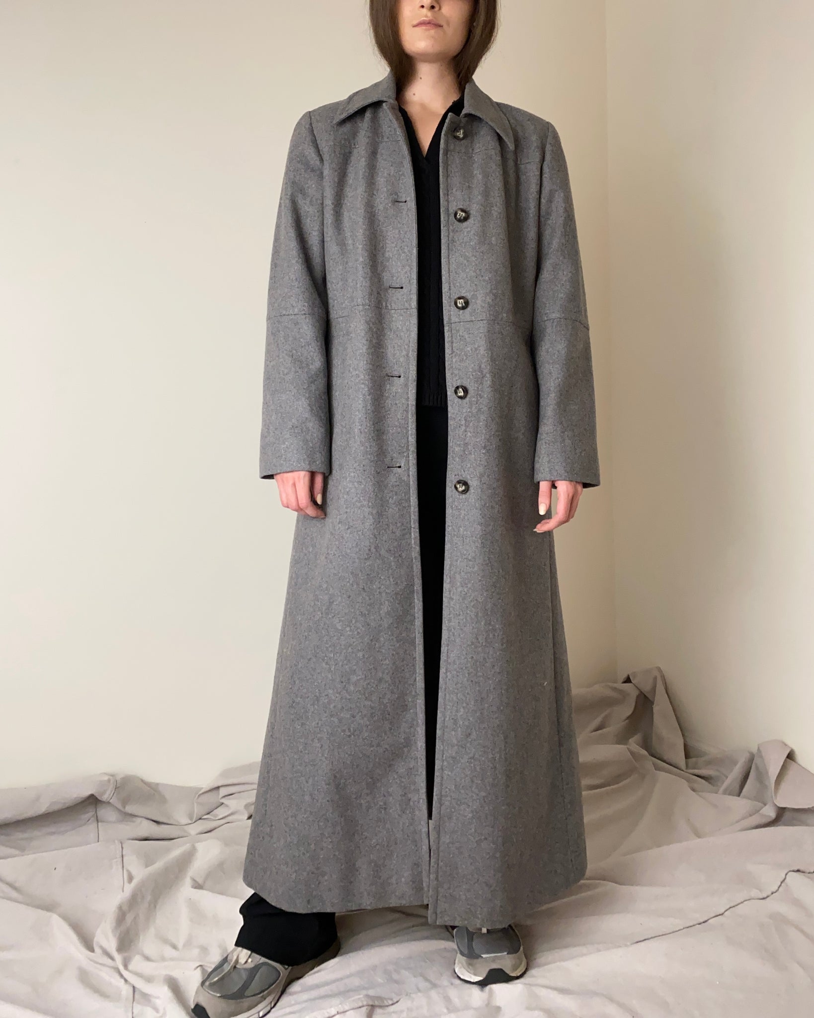 90s Harvé Bernard Long Grey Wool Coat (Size 4)