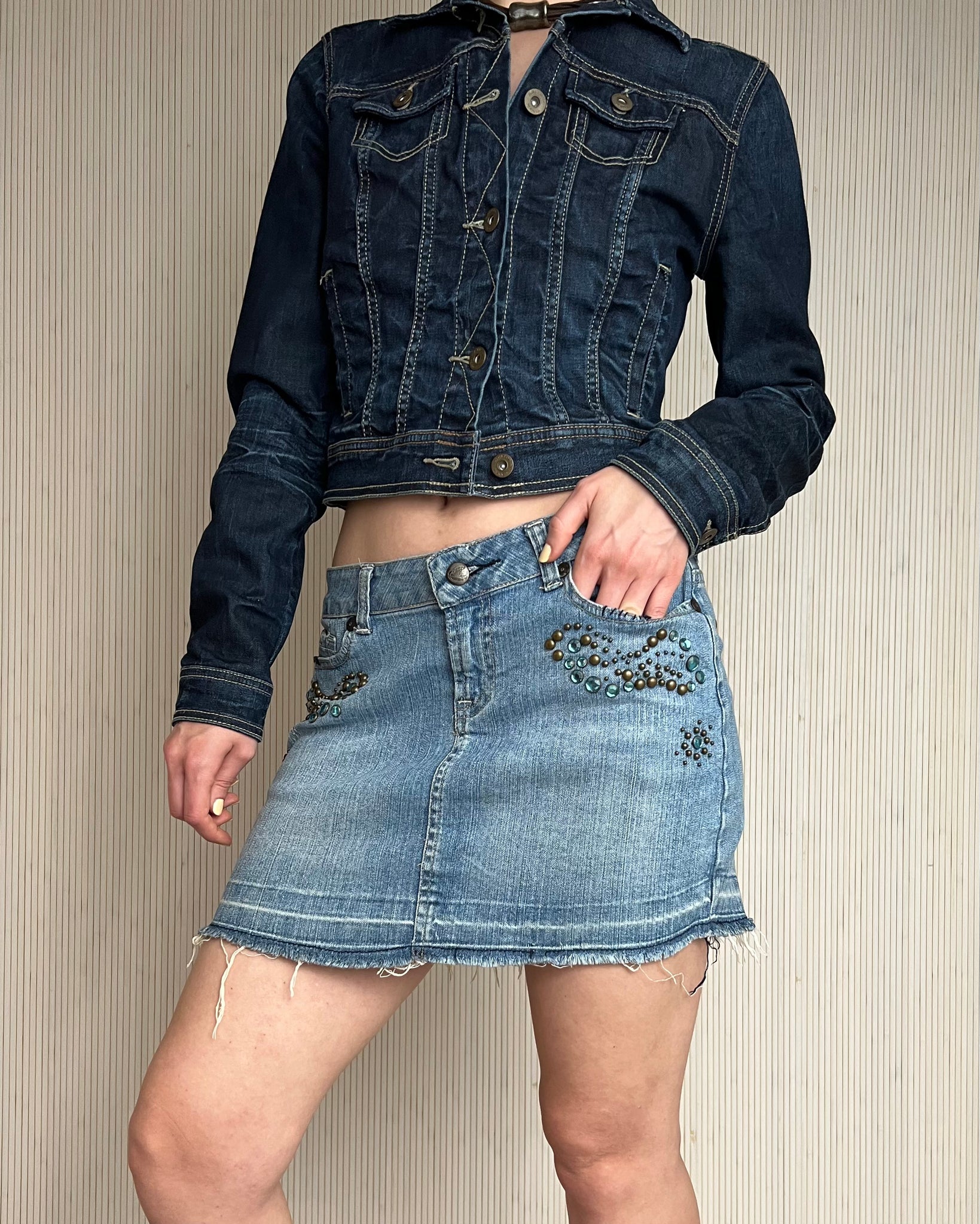 Y2k Embellished Denim Mini Skirt (Fits S/M)