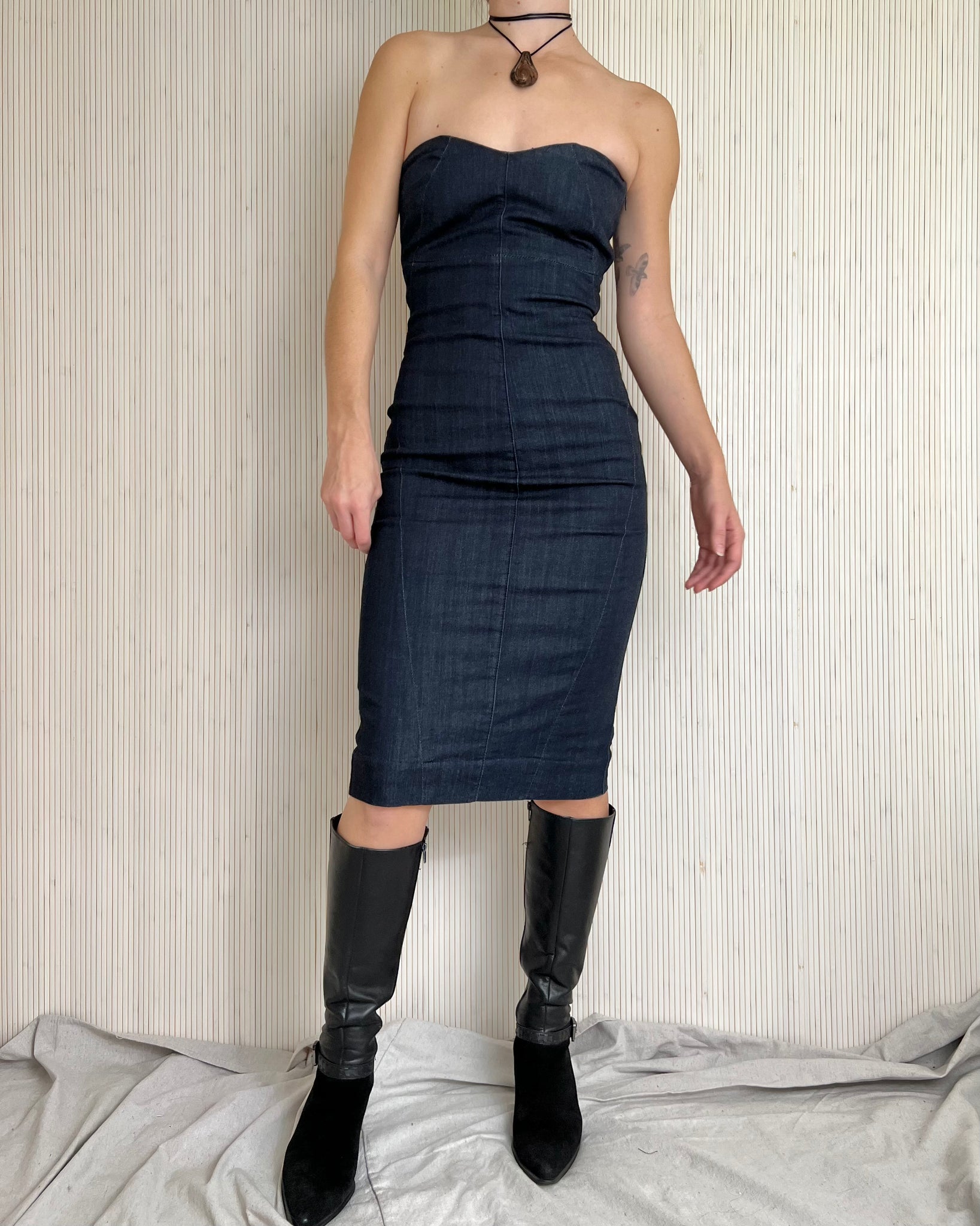 Denim Body Con Midi Dress (size 2)
