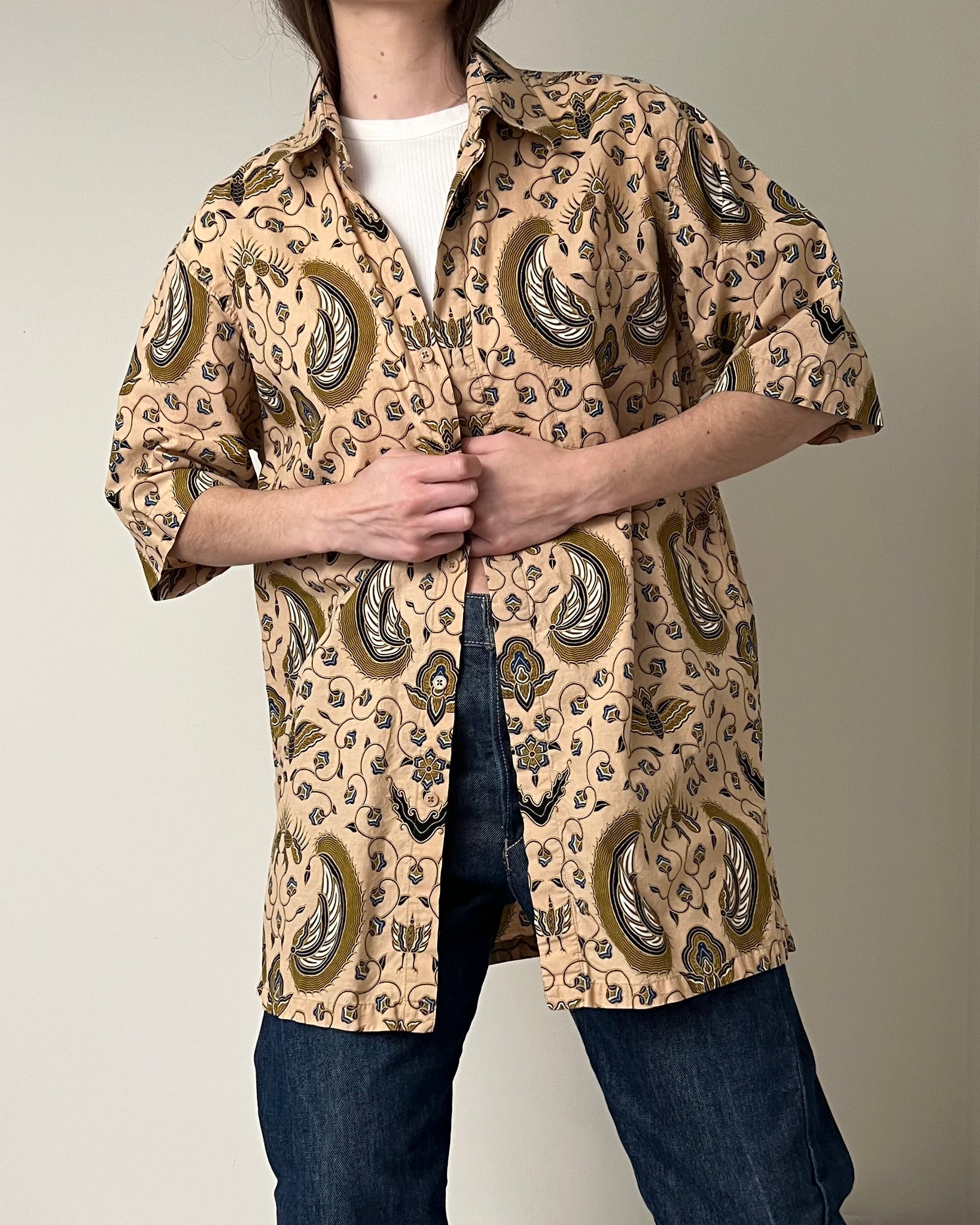 Tan Paisley 100% Cotton Shirt (Mens L/XL)