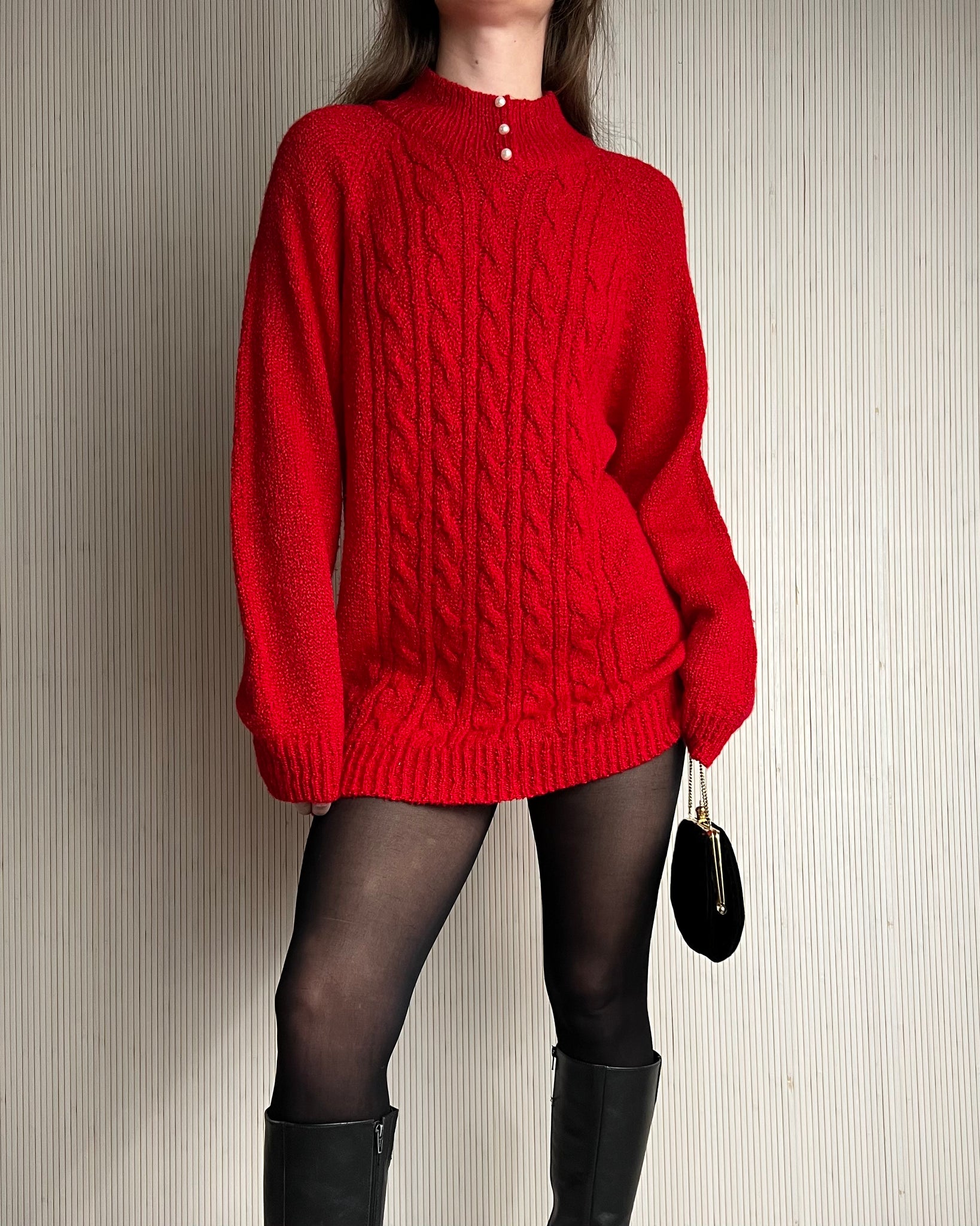 80s Red Cable Knit Turtleneck (Size L)