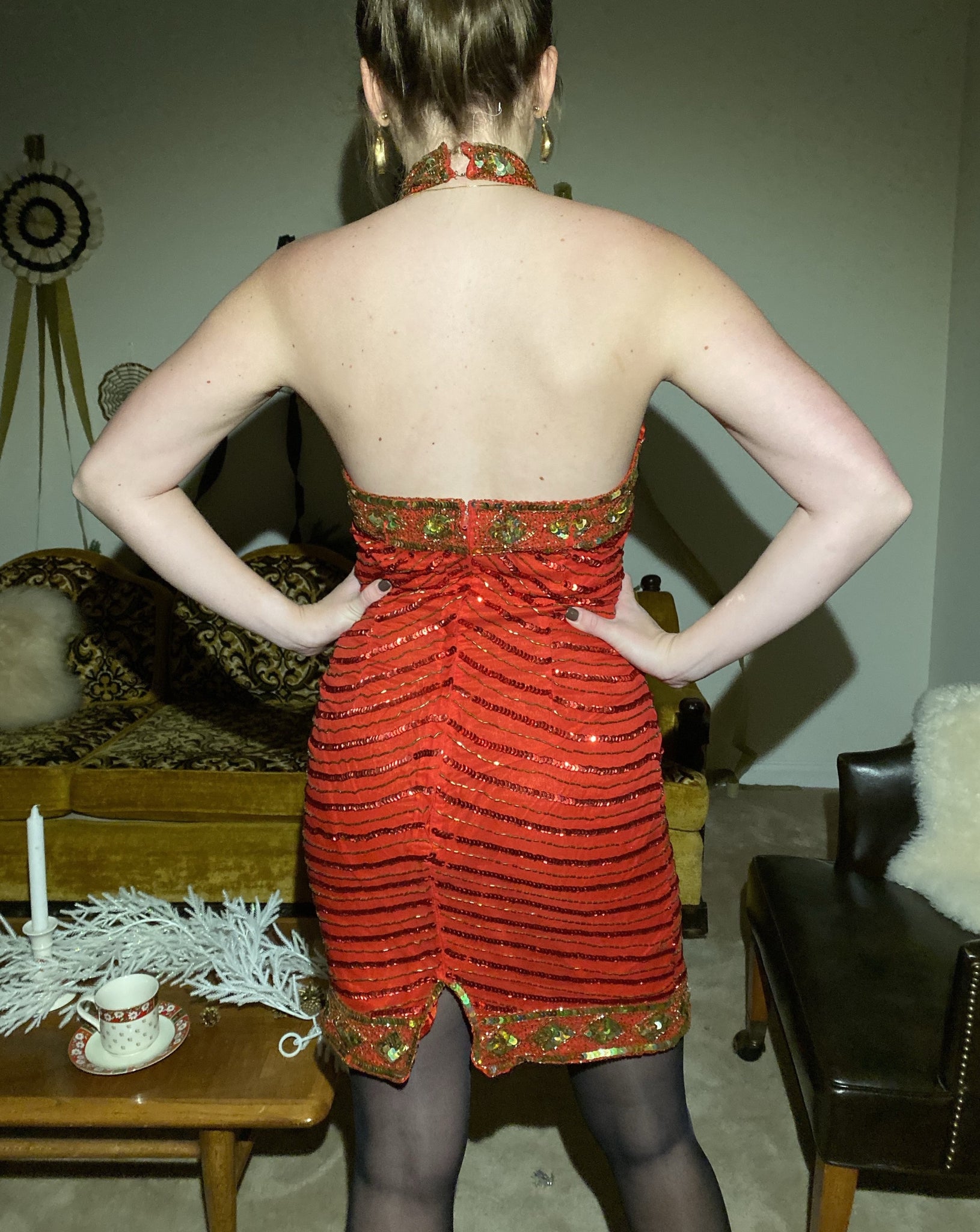 80s Red Beaded Halter Dress (fits S/M)