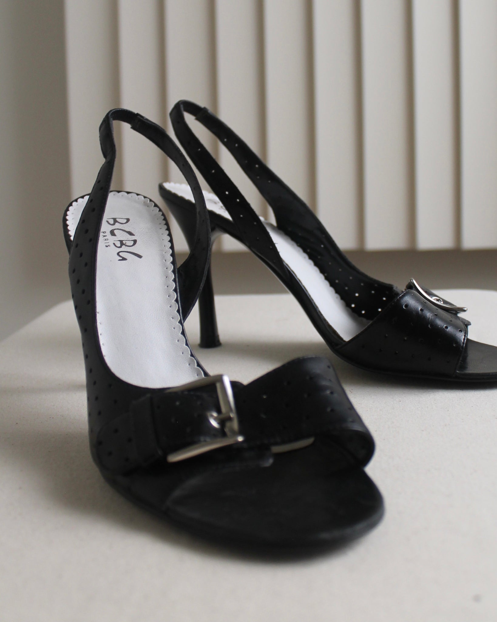 BCBG Paris Black Leather Slingback Stilettos with Buckle (size 38)