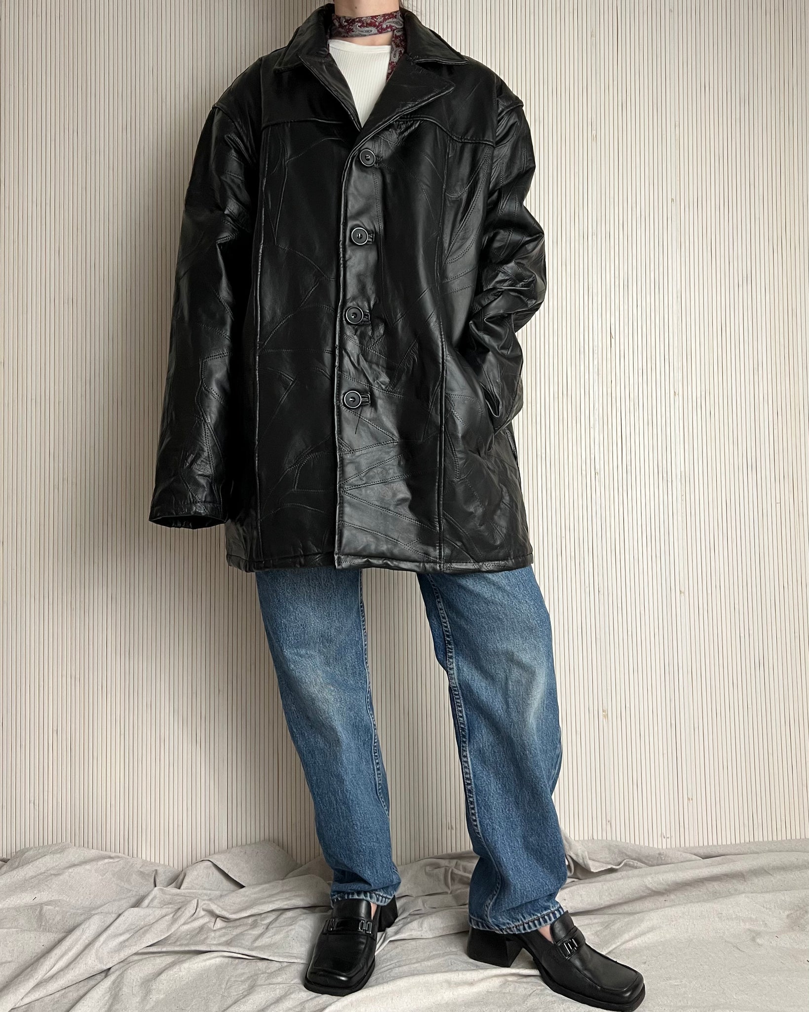 90s Men’s Minimal Patchwork Leather Jacket (size L/XL)