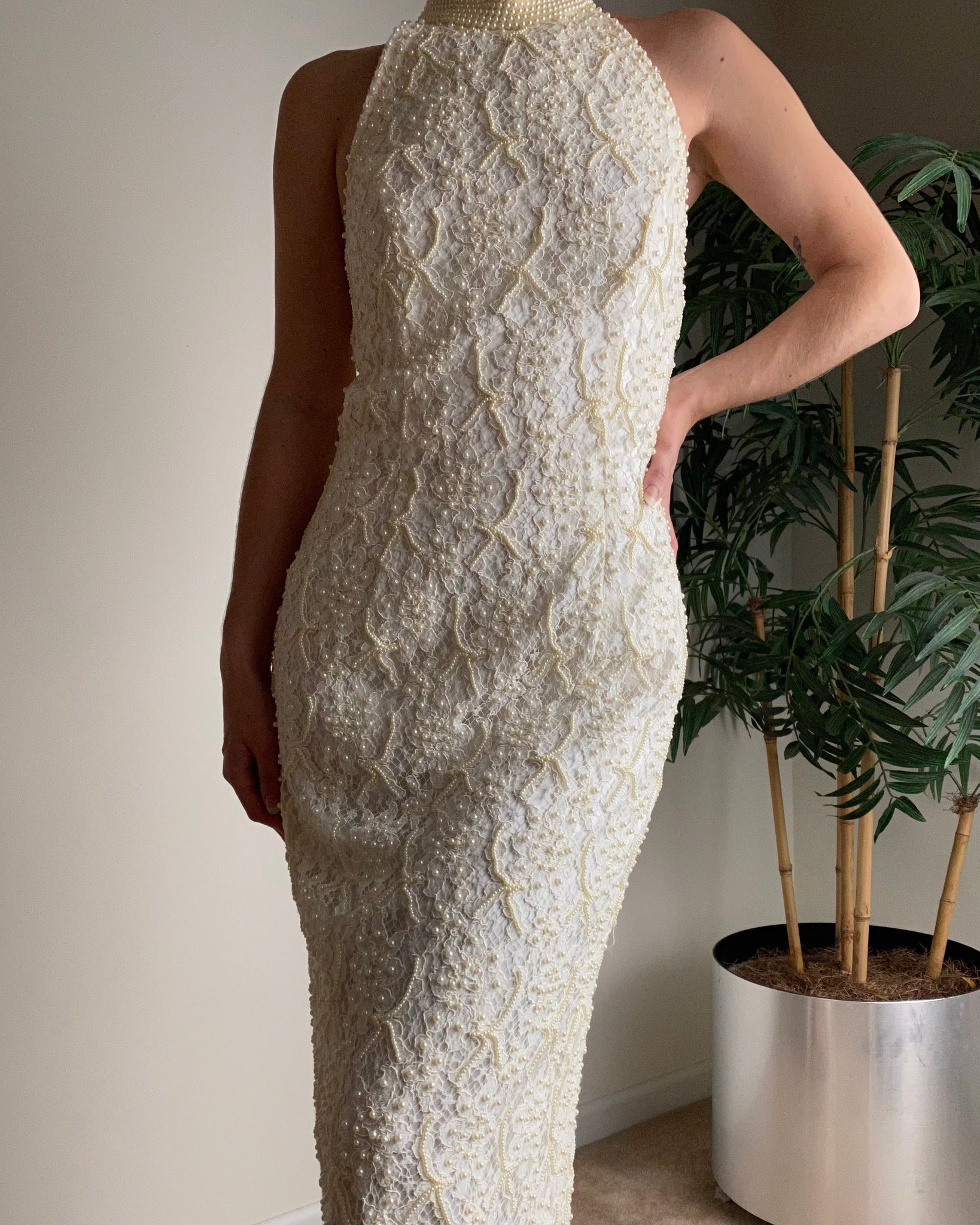 80s St Tropez Beaded Lace Wedding Gown (fits 8)