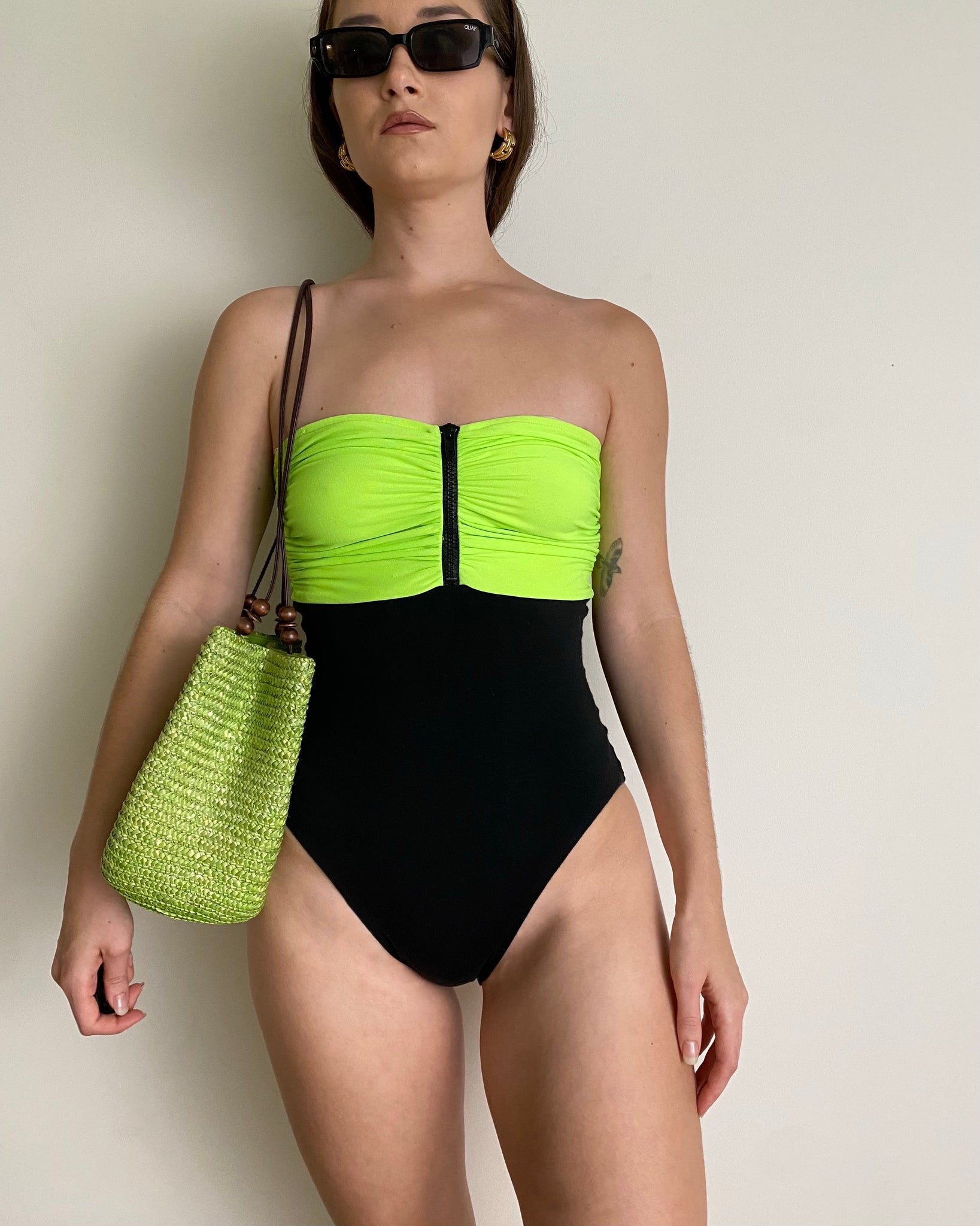80s Rose Marie Reid Neon Green Colorblock Bodysuit (Fits S/M)