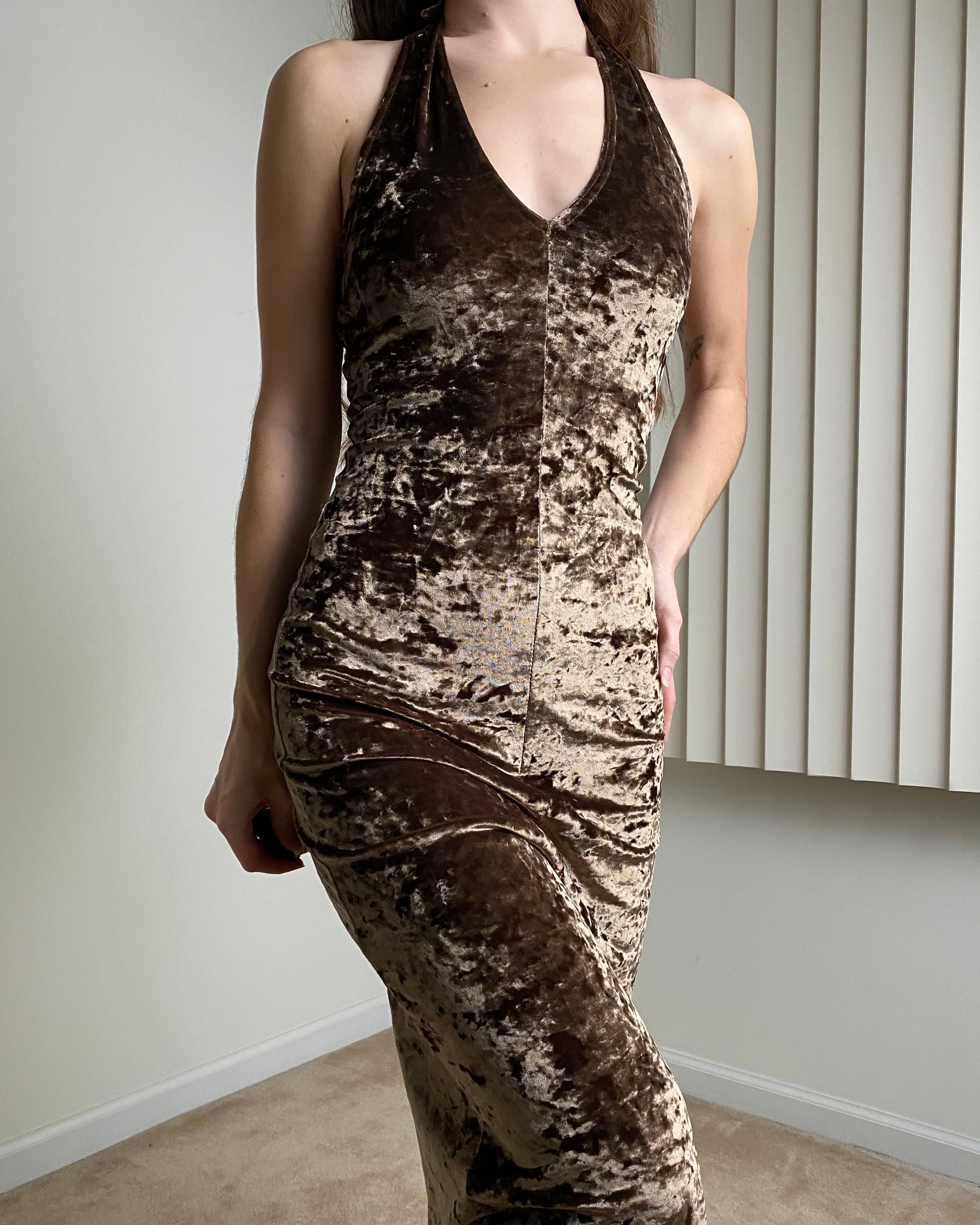 90s Brown Crushed Velvet Evening Dress (fits XS)
